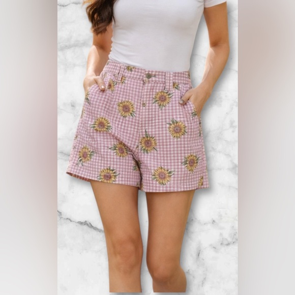 Cactus Pants - Cactus Jeans Pink White Gingham Check Sunflowers Denim Shorts Size 16 Vintage